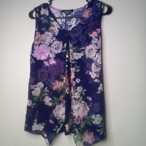 Adele & May Blouse Shirt S Sleeveless Flowing Soft Stretch Floral Blue Pink